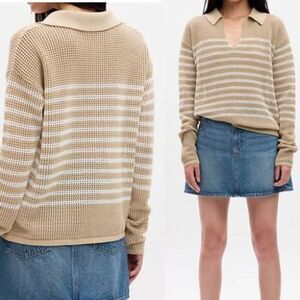 Gap Women's‎ Stripe Sweater Large Cotton Crochet  Collared Drop Shoulder Large